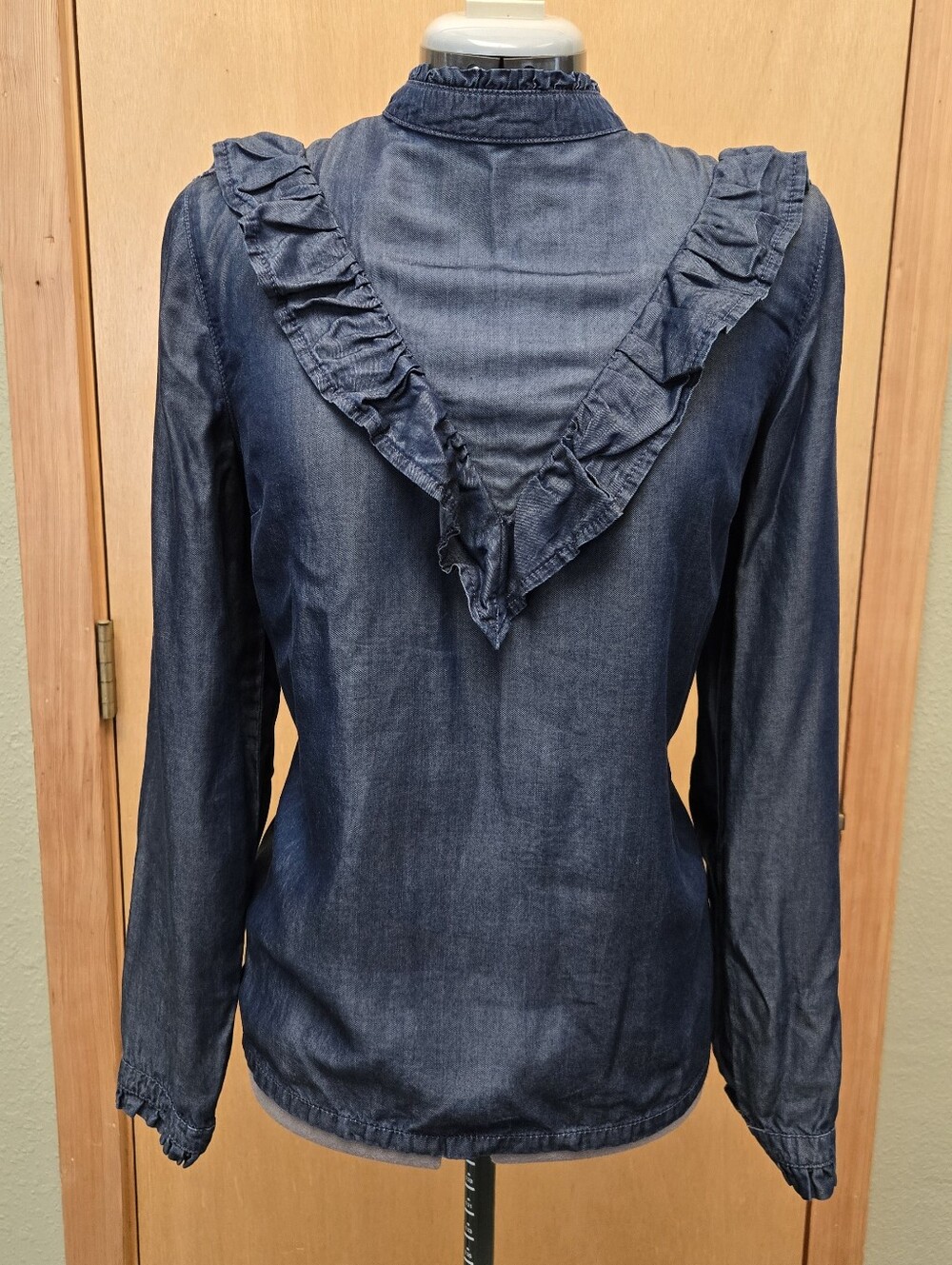 Miss Selfridge Denim Ruffled High Neck Blouse Shirt Top Size 10